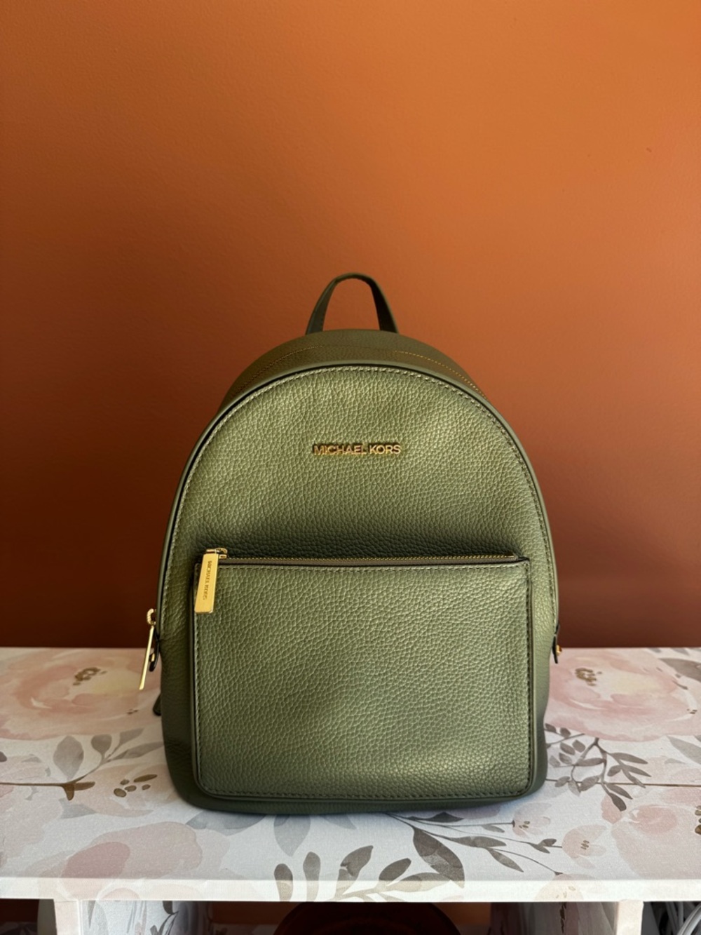 Michael Kors Olive Green Leather Backpack with Gold Hardwarw– Medium